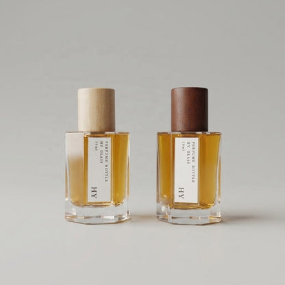 Custom 50ml Octagonal Thick Base Glass Perfume Bottle with Wood Cap Crimp Neck Perfume Container