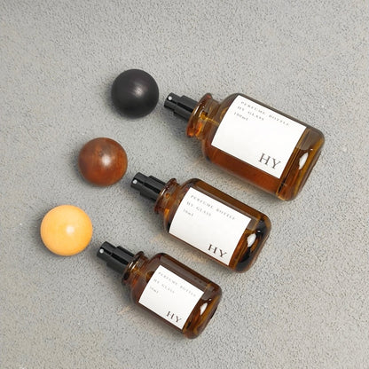 High Quality 30ml 50ml 100ml Crimp Neck Amber Perfume Bottles with Wooden for Ball Caps and Pump Sprayer Wholesale