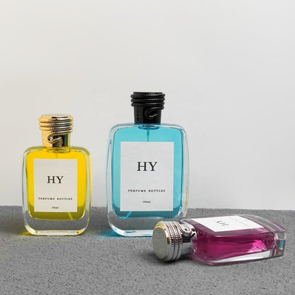 Luxury Flat Glass Perfume Spray Bottles 50ml 100ml Heavy Base Stock Bold Snake Caps Pump Crimp Neck Design Screen Printing