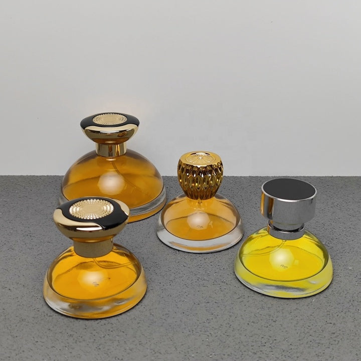 30ml 100ml Screen Printed Hemisphere Design Arabic Oil Perfume Bottles with Wood Caps and Pump Sprayer