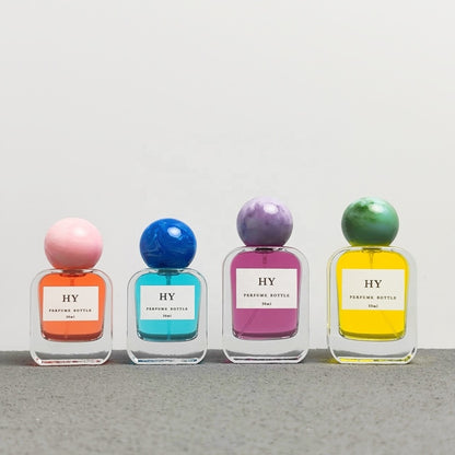 Wholesale 30ml 50ml Flat Glass Perfume Bottles Rounded Rectangle with Colorful Marble Pattern and Pump Sprayer for Ball Caps