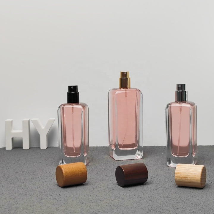 HY Glass 50ml 100ml Luxury Square Empty Perfume Glass Bottle with Spray Pump Plastic Cap or Wooden Cap for Fragrance Packaging