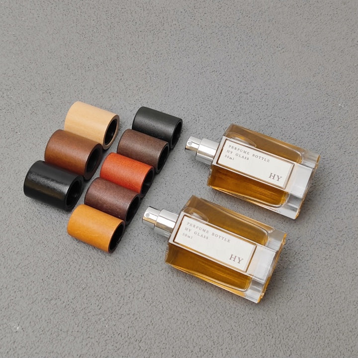 Custom 50ml Octagonal Thick Base Glass Perfume Bottle with Wood Cap Crimp Neck Perfume Container
