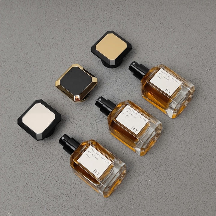 Ready to Ship Premium Glass Custom LOGO Area 30ml Square Perfume Bottle with Luxury Decorative Cap Low MOQ