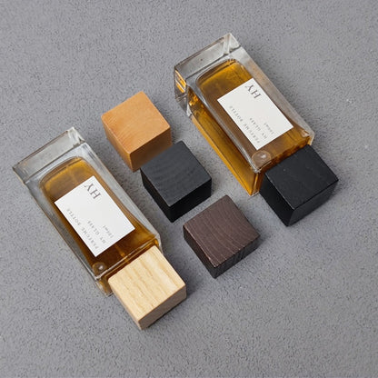 Clear Glass 100ml Square Perfume Bottle with Wooden Cap Pump Sprayer Screen Printing Customizable