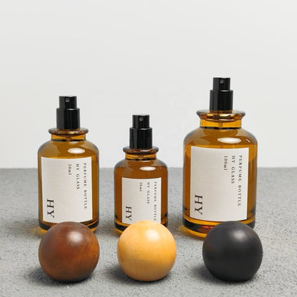High Quality 30ml 50ml 100ml Crimp Neck Amber Perfume Bottles with Wooden for Ball Caps and Pump Sprayer Wholesale