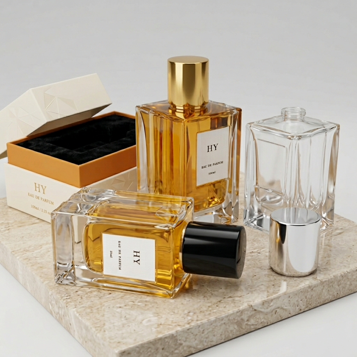 50ml 100ml Clear Glass Square Bottle Wavy Sides for Perfume Screen Printed Black Gold Silver Ribbed Cylinder Cap Pump Sprayer