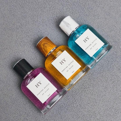 Premium 50ml Flat Easy Crimp Perfume Bottle with Luxury Round Wood Marble Textured Cap Pump Sprayer Seal Cute Design