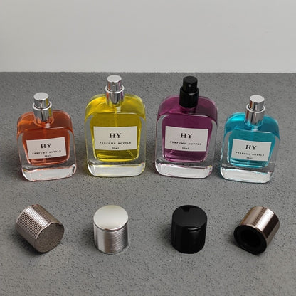 High Quality 30ml 50ml 100ml Flat Crimp Neck Glass Perfume Bottles Rounded Rectangular Base Screen Printed Beautiful Ribbed Cap