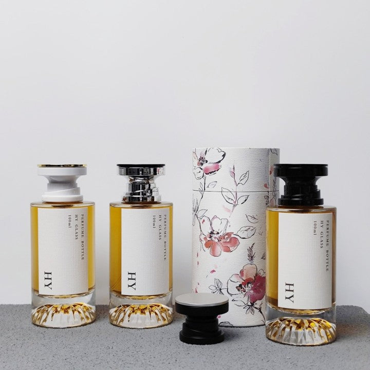 Luxury Cylinder Glass Perfume Bottle with Pump Sprayer Empty 15mm Crimp Neck 100ml Capacity Plastic Cap & Box