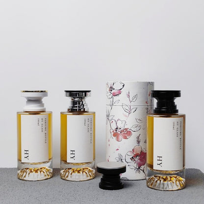 Luxury Cylinder Glass Perfume Bottle with Pump Sprayer Empty 15mm Crimp Neck 100ml Capacity Plastic Cap & Box