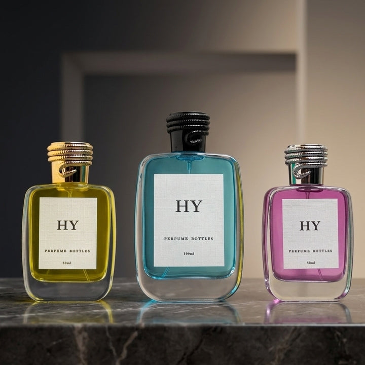 Luxury Flat Glass Perfume Spray Bottles 50ml 100ml Heavy Base Stock Bold Snake Caps Pump Crimp Neck Design Screen Printing