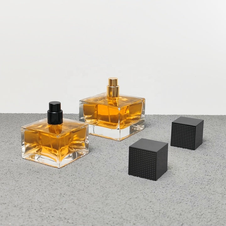 Luxury Square Glass Crimp Neck 50ml 100ml Empty Perfume Bottles with Pump Sprayer Screen Printing Wood and Plastic
