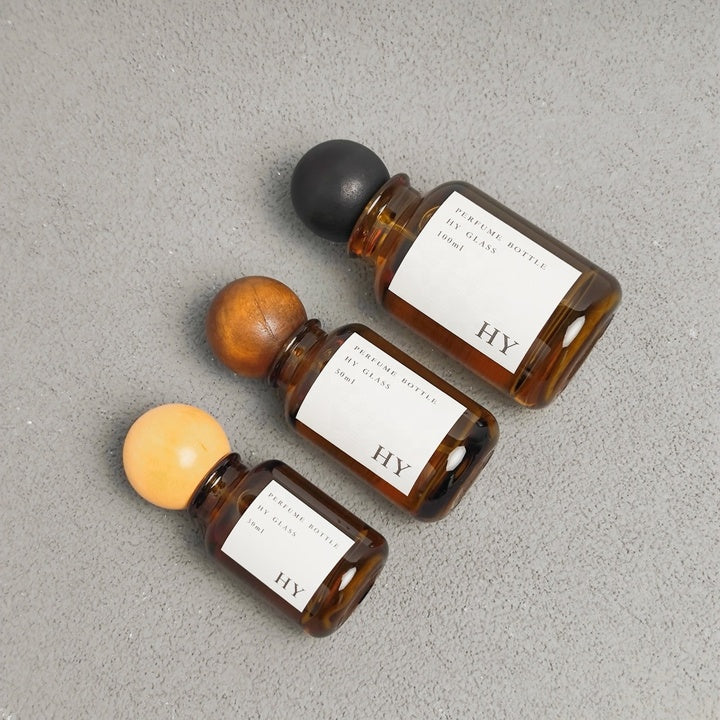 High Quality 30ml 50ml 100ml Crimp Neck Amber Perfume Bottles with Wooden for Ball Caps and Pump Sprayer Wholesale