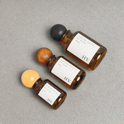 High Quality 30ml 50ml 100ml Crimp Neck Amber Perfume Bottles with Wooden for Ball Caps and Pump Sprayer Wholesale