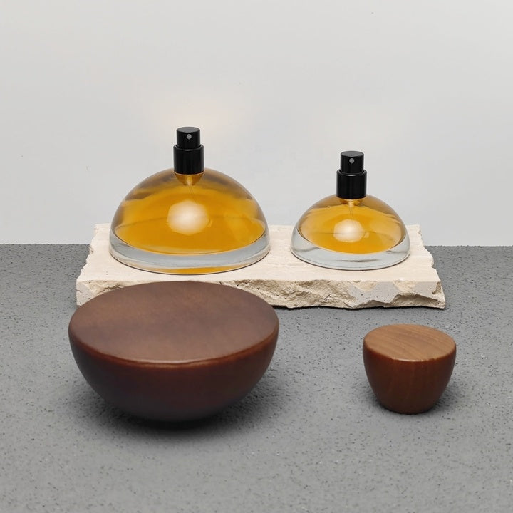 30ml 100ml Screen Printed Hemisphere Design Arabic Oil Perfume Bottles with Wood Caps and Pump Sprayer