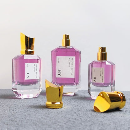 Designer Heavy Glass Perfume Bottles Unique Gold Cap Pump Sprayer Custom Fragrance Packaging 30ml 50ml 100ml Screen Printing
