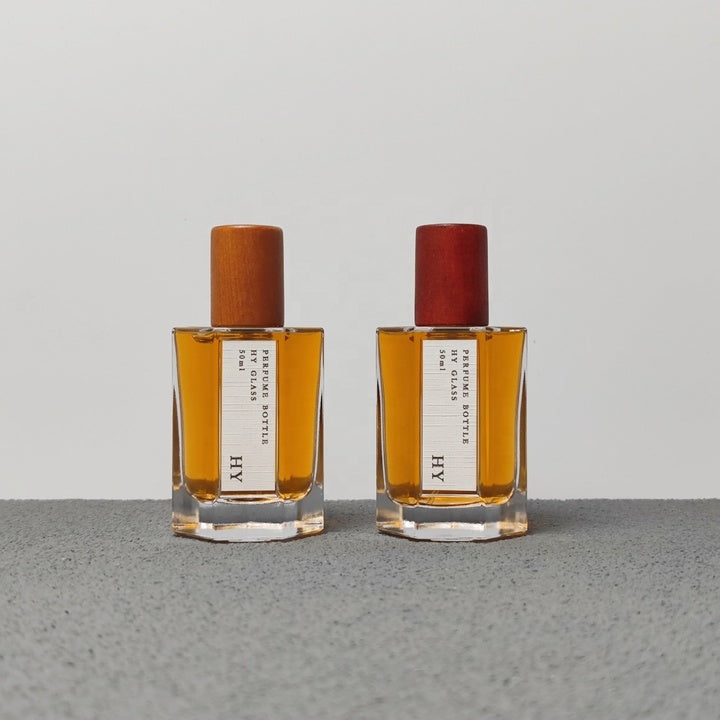Custom 50ml Octagonal Thick Base Glass Perfume Bottle with Wood Cap Crimp Neck Perfume Container