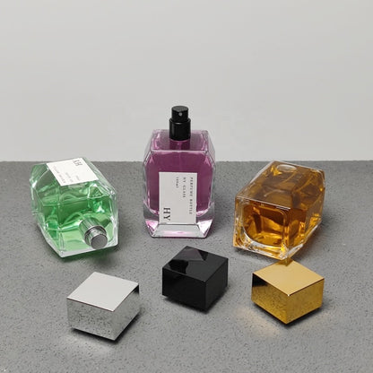 Luxury 100 ml Special Square Glass Empty Pressurized Perfume Bottle Customizable with Glossy Caps in Gold Silver Black
