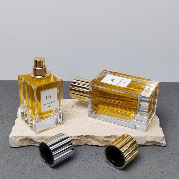 Premium Thick Glass 50ml 100ml Wavy Design Square Perfume Bottle Ribbed Gold Silver Vertical Stripe Cap Screen Printed Pump