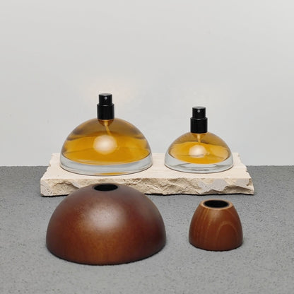 30ml 100ml Screen Printed Hemisphere Design Arabic Oil Perfume Bottles with Wood Caps and Pump Sprayer