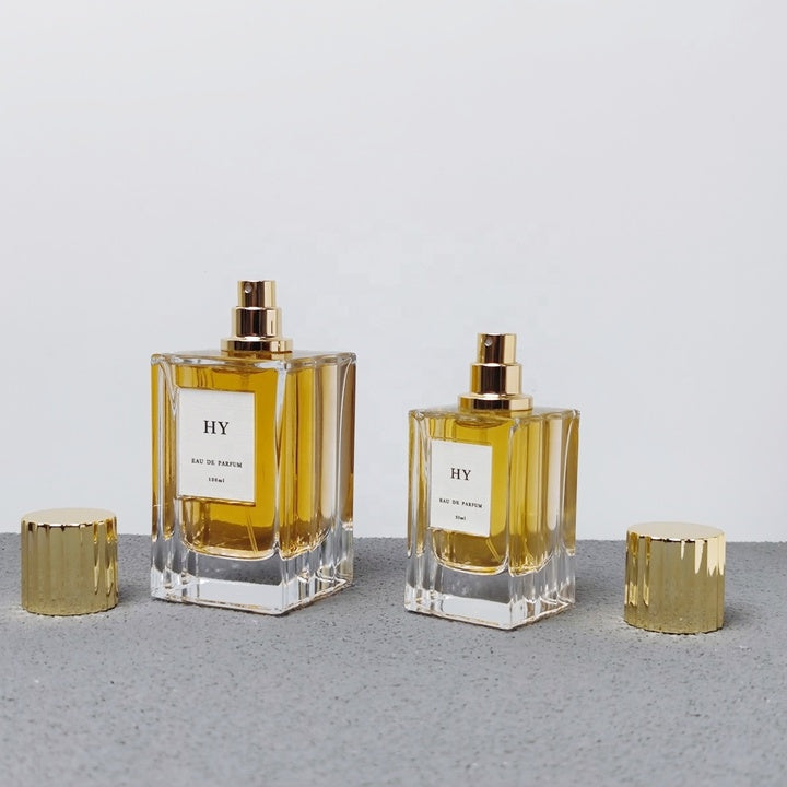 Premium Thick Glass 50ml 100ml Wavy Design Square Perfume Bottle Ribbed Gold Silver Vertical Stripe Cap Screen Printed Pump
