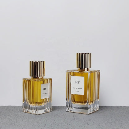Premium Thick Glass 50ml 100ml Wavy Design Square Perfume Bottle Ribbed Gold Silver Vertical Stripe Cap Screen Printed Pump