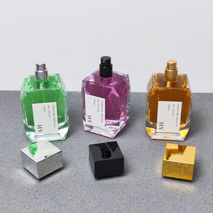 Luxury 100 ml Special Square Glass Empty Pressurized Perfume Bottle Customizable with Glossy Caps in Gold Silver Black