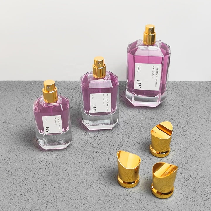 Designer Heavy Glass Perfume Bottles Unique Gold Cap Pump Sprayer Custom Fragrance Packaging 30ml 50ml 100ml Screen Printing