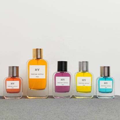 High Quality 30ml 50ml 100ml Flat Crimp Neck Glass Perfume Bottles Rounded Rectangular Base Screen Printed Beautiful Ribbed Cap