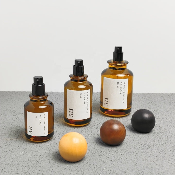 High Quality 30ml 50ml 100ml Crimp Neck Amber Perfume Bottles with Wooden for Ball Caps and Pump Sprayer Wholesale