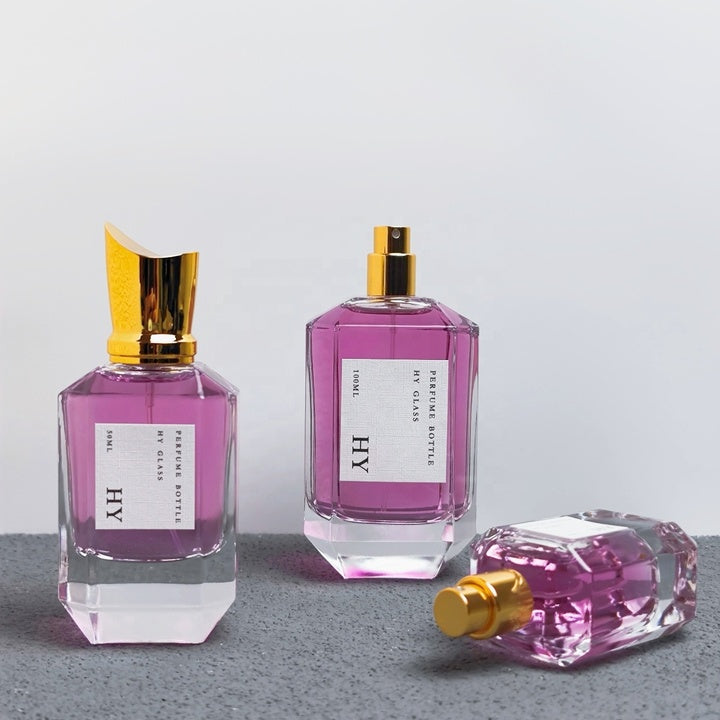 Designer Heavy Glass Perfume Bottles Unique Gold Cap Pump Sprayer Custom Fragrance Packaging 30ml 50ml 100ml Screen Printing