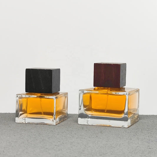 Luxury Square Glass Crimp Neck 50ml 100ml Empty Perfume Bottles with Pump Sprayer Screen Printing Wood and Plastic