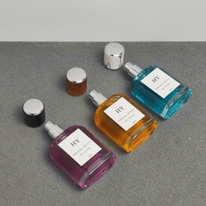 Premium 50ml Flat Easy Crimp Perfume Bottle with Luxury Round Wood Marble Textured Cap Pump Sprayer Seal Cute Design