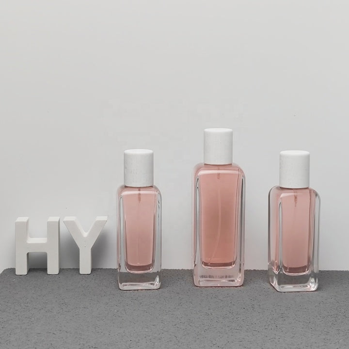 HY Glass 50ml 100ml Luxury Square Empty Perfume Glass Bottle with Spray Pump Plastic Cap or Wooden Cap for Fragrance Packaging