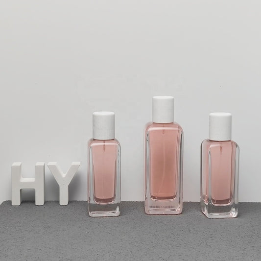 HY Glass 50ml 100ml Luxury Square Empty Perfume Glass Bottle with Spray Pump Plastic Cap or Wooden Cap for Fragrance Packaging