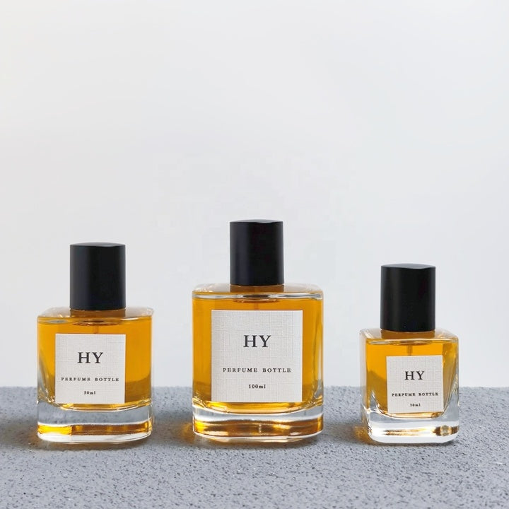 Wholesale High-End Elegant Square Thick Glass Perfume Bottles 30ml 50ml 100ml Crimp Type Matte Black Cap Pump Sprayer Sealing