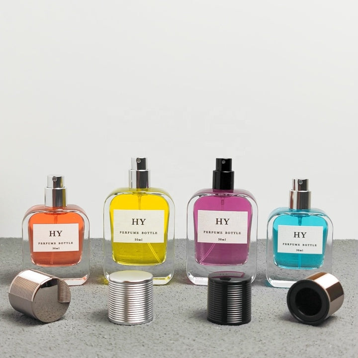 High Quality 30ml 50ml 100ml Flat Crimp Neck Glass Perfume Bottles Rounded Rectangular Base Screen Printed Beautiful Ribbed Cap