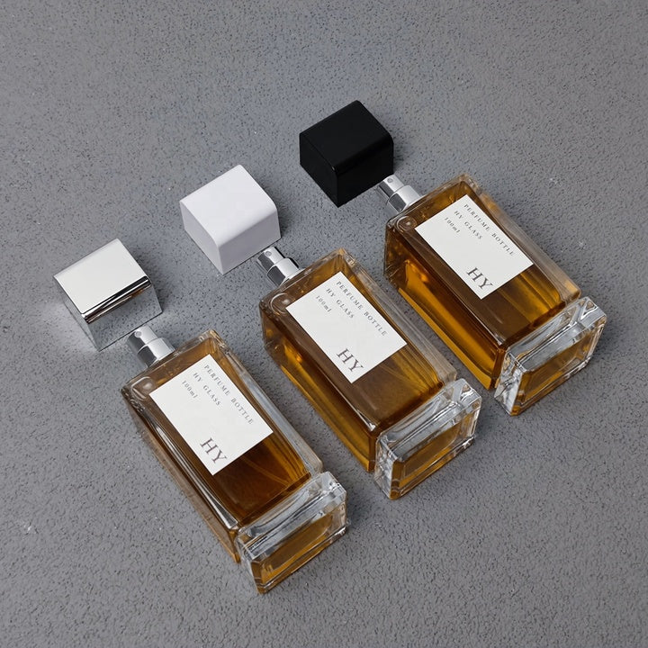 Luxury 100ml Thick Bottom Clear Glass Square Perfume Bottle Screen Printed White Black Glossy Silver Magnetic Cap Pump Sprayer