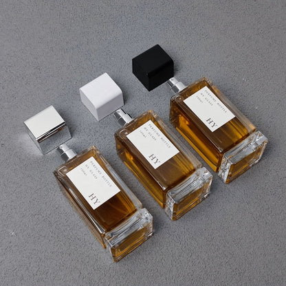 Luxury 100ml Thick Bottom Clear Glass Square Perfume Bottle Screen Printed White Black Glossy Silver Magnetic Cap Pump Sprayer