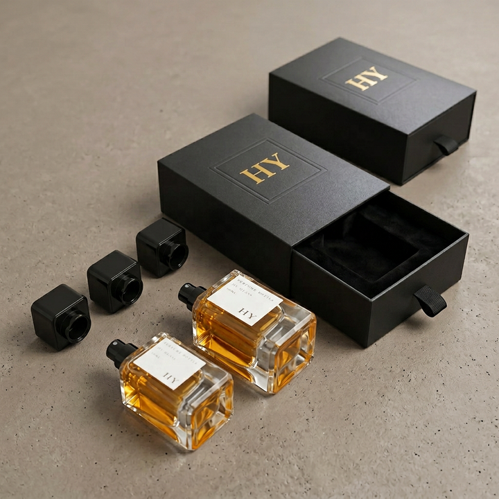 Wholesale Luxury Square Glass Perfume Bottles 30ml 50ml 100ml Empty with Black Square Cap & Pump Spreayer