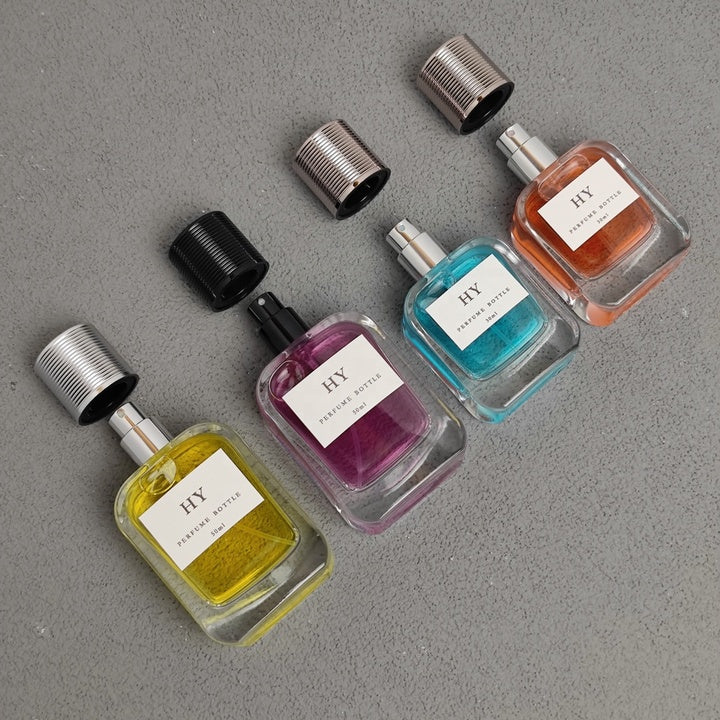 High Quality 30ml 50ml 100ml Flat Crimp Neck Glass Perfume Bottles Rounded Rectangular Base Screen Printed Beautiful Ribbed Cap