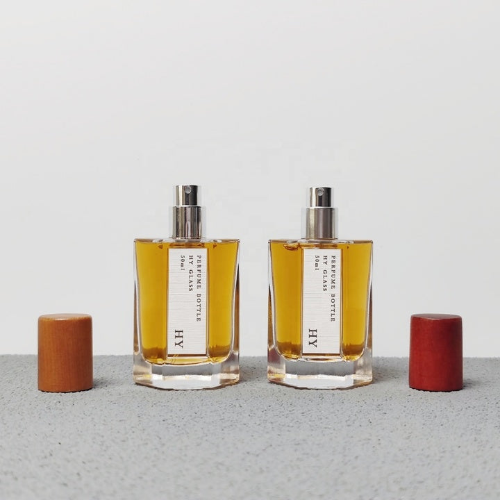 Custom 50ml Octagonal Thick Base Glass Perfume Bottle with Wood Cap Crimp Neck Perfume Container