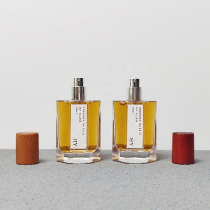Custom 50ml Octagonal Thick Base Glass Perfume Bottle with Wood Cap Crimp Neck Perfume Container