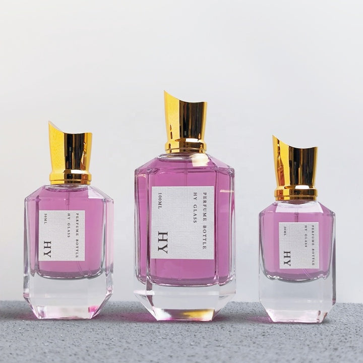Designer Heavy Glass Perfume Bottles Unique Gold Cap Pump Sprayer Custom Fragrance Packaging 30ml 50ml 100ml Screen Printing