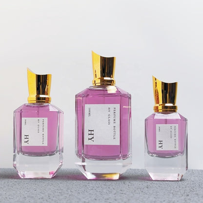 Designer Heavy Glass Perfume Bottles Unique Gold Cap Pump Sprayer Custom Fragrance Packaging 30ml 50ml 100ml Screen Printing