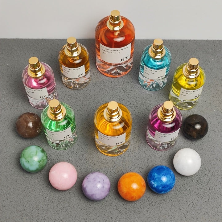 Wholesale Artistic Marble Pattern Oval Glass Perfume Bottle 30ml 50ml 100ml Mountain Bottom Design with Pump Sprayer Ball Cap