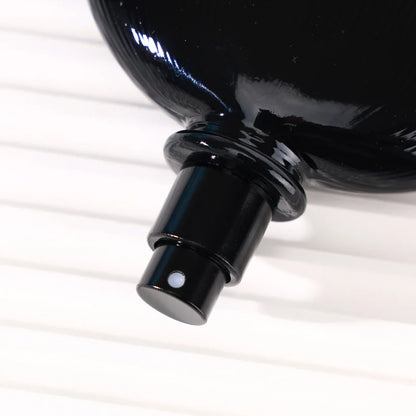 Black spray head details of the pure black perfume bottle with vertical stripes