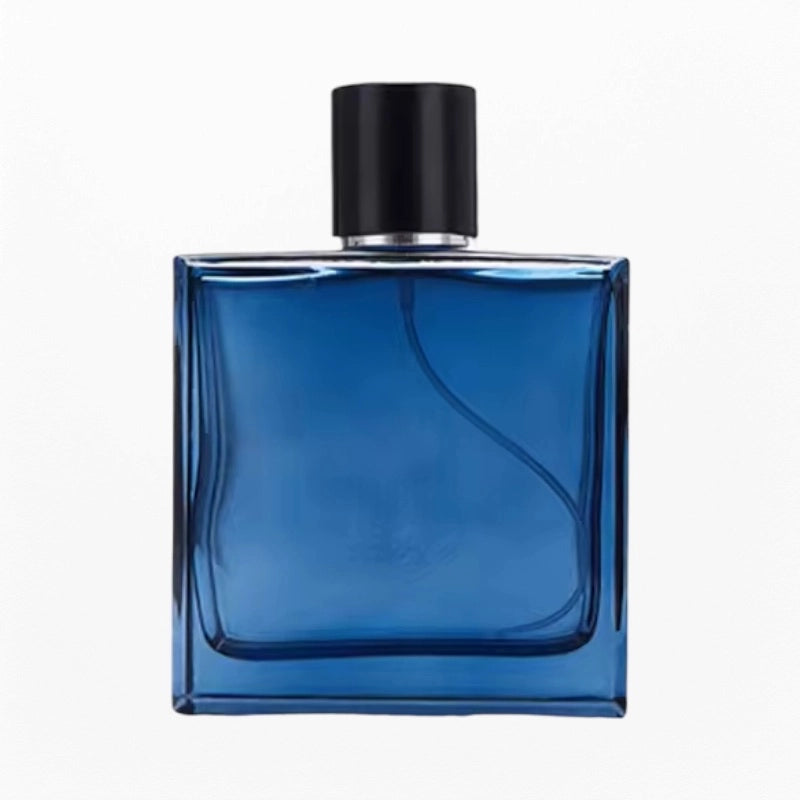 an empty blue square perfume bottle