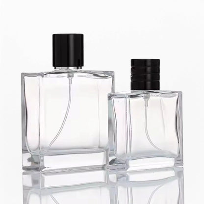 clear square perfume bottle silver sprayer black cap